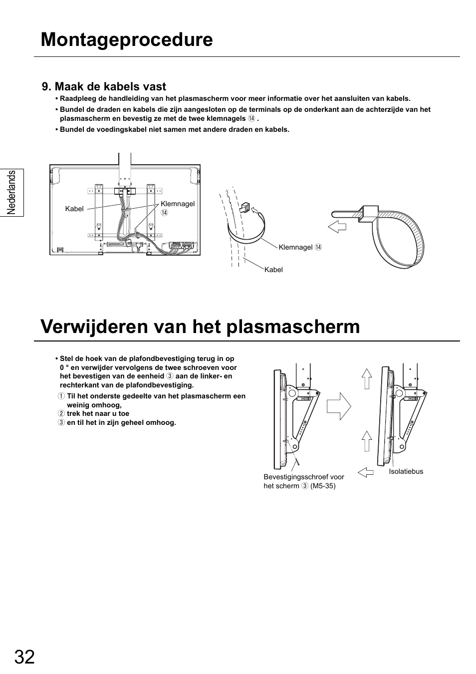 Montageprocedure verwijderen van het plasmascherm, Maak de kabels vast, Nederlands | Panasonic TYCE42PS20 User Manual | Page 32 / 98