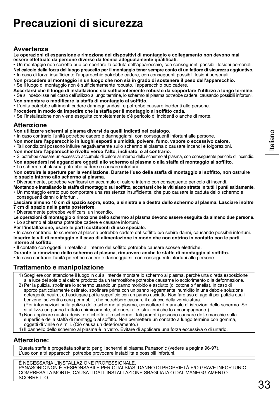 Precauzioni di sicurezza, Italiano, Avvertenza | Attenzione, Trattamento e manipolazione | Panasonic TYCE42PS20 User Manual | Page 33 / 98