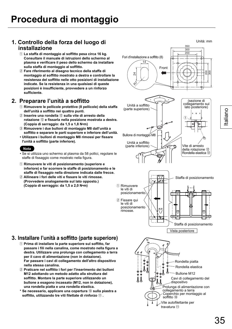 Procedura di montaggio, Controllo della forza del luogo di installazione, Preparare l’unità a soffitto | Installare l’unità a soffitto (parte superiore), Italiano | Panasonic TYCE42PS20 User Manual | Page 35 / 98