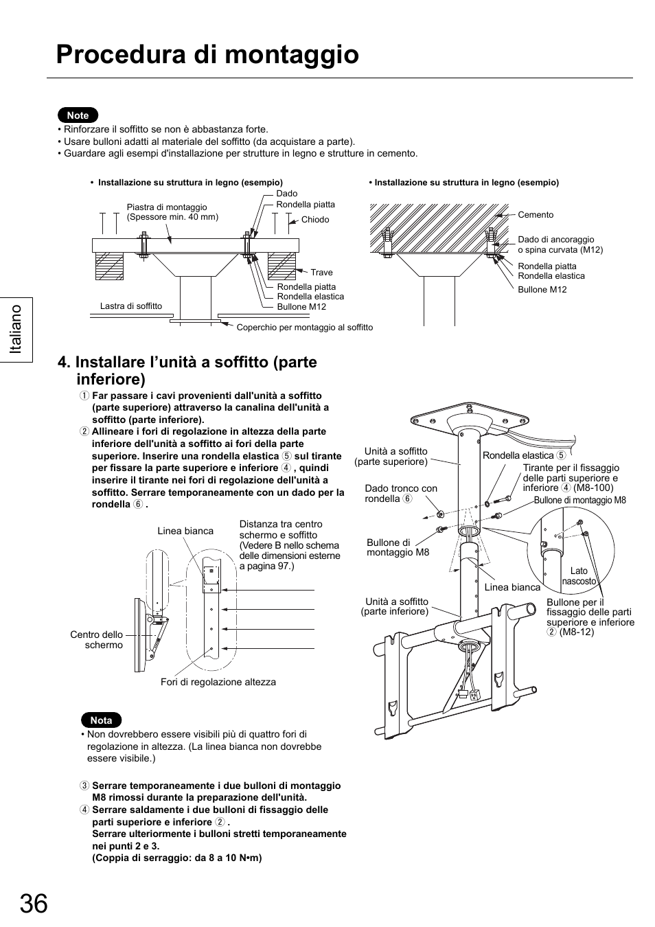 Procedura di montaggio, Installare l’unità a soffitto (parte inferiore), Italiano | Panasonic TYCE42PS20 User Manual | Page 36 / 98