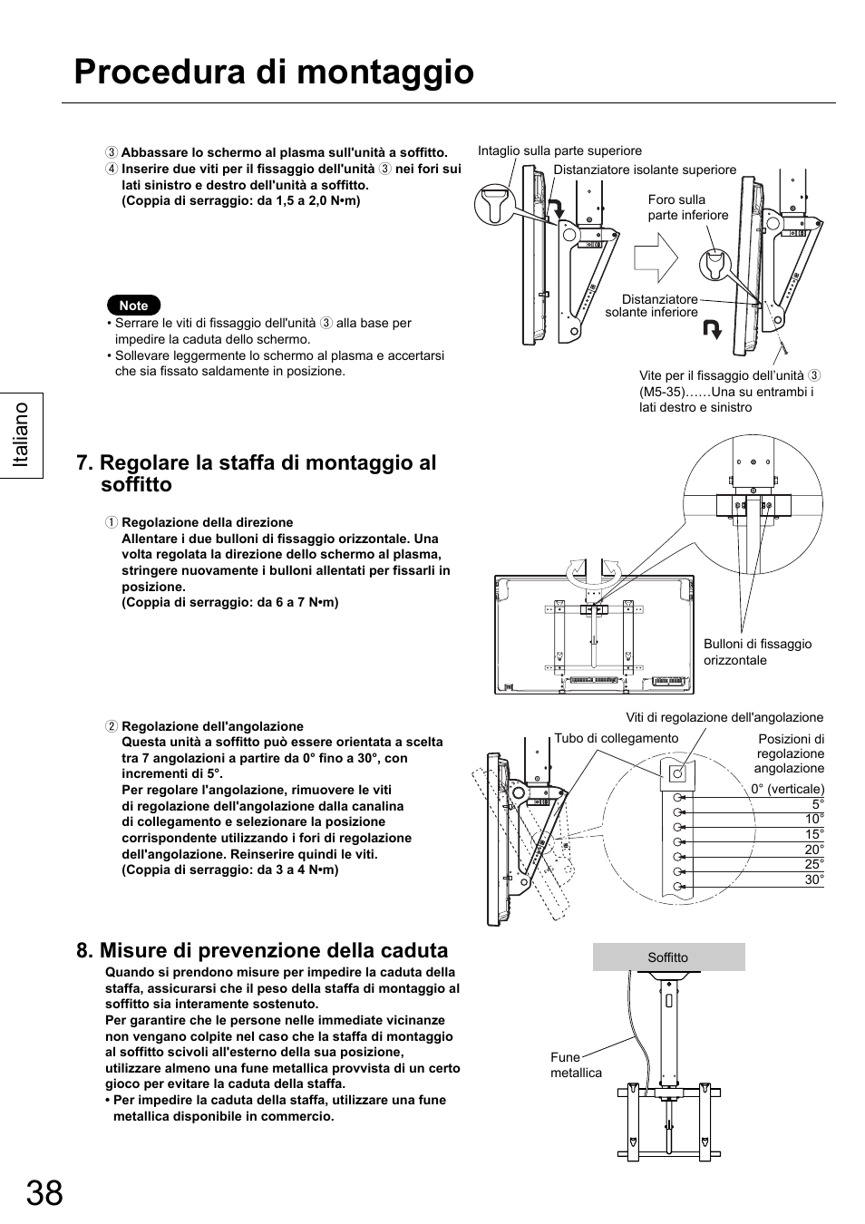 Procedura di montaggio, Regolare la staffa di montaggio al soffitto, Misure di prevenzione della caduta | Italiano | Panasonic TYCE42PS20 User Manual | Page 38 / 98