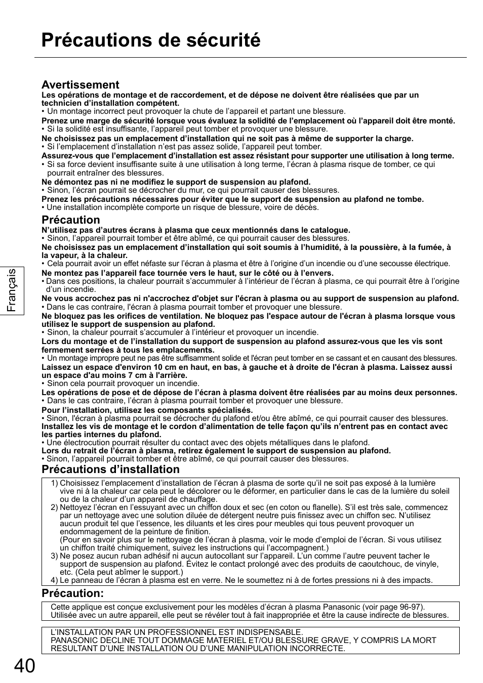 Précautions de sécurité, Français, Avertissement | Précaution, Précautions d’installation | Panasonic TYCE42PS20 User Manual | Page 40 / 98