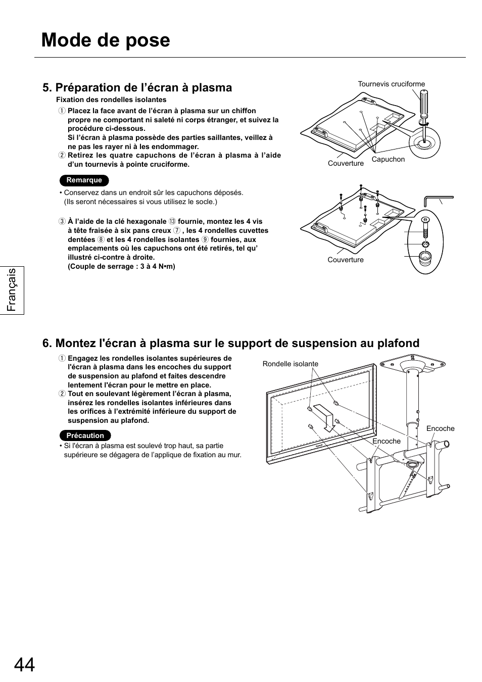 Mode de pose, Préparation de l’écran à plasma, Français | Panasonic TYCE42PS20 User Manual | Page 44 / 98