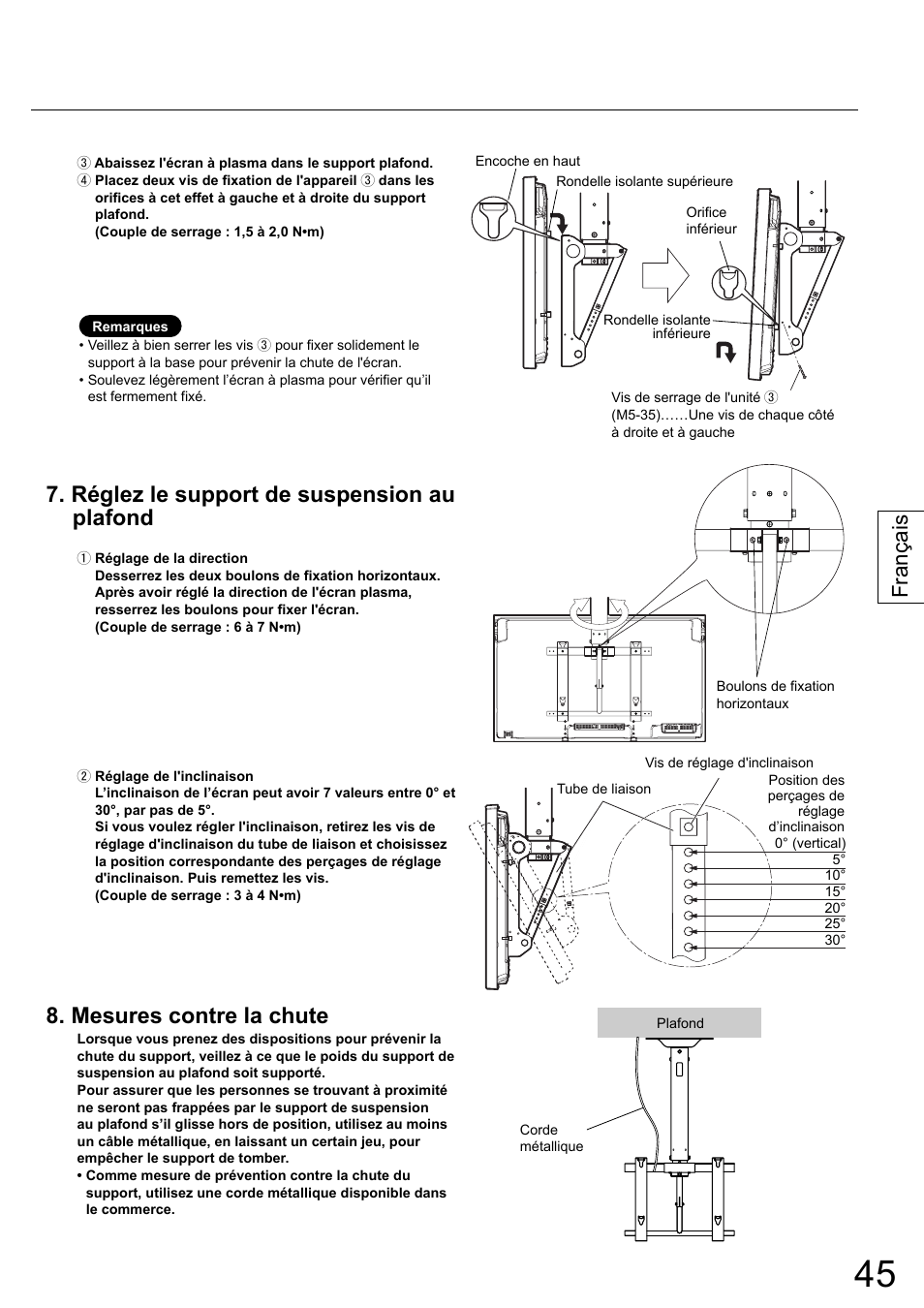 Réglez le support de suspension au plafond, Mesures contre la chute, Français | Panasonic TYCE42PS20 User Manual | Page 45 / 98