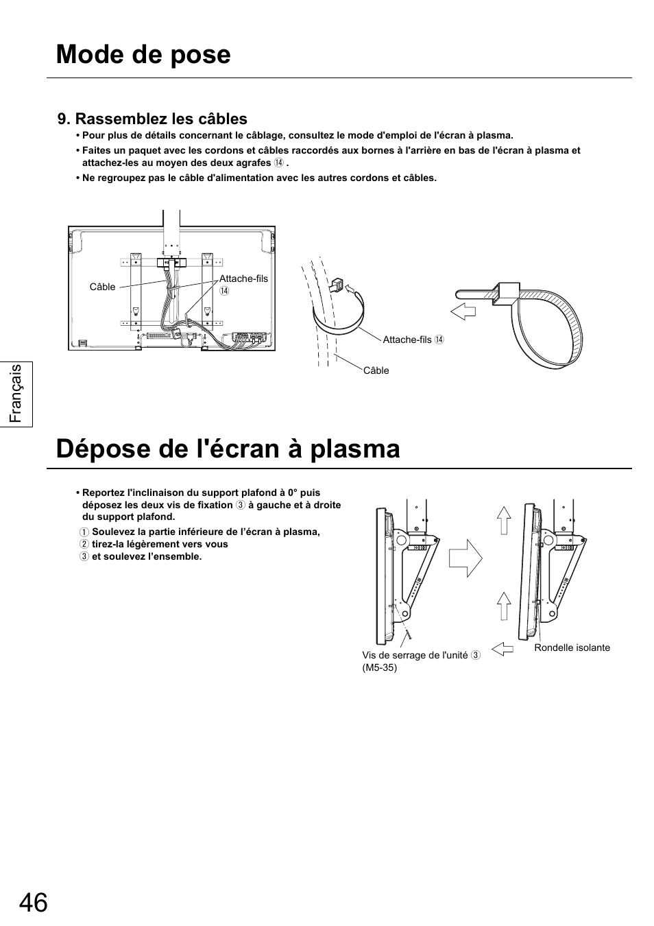 Mode de pose dépose de l'écran à plasma, Rassemblez les câbles, Français | Panasonic TYCE42PS20 User Manual | Page 46 / 98