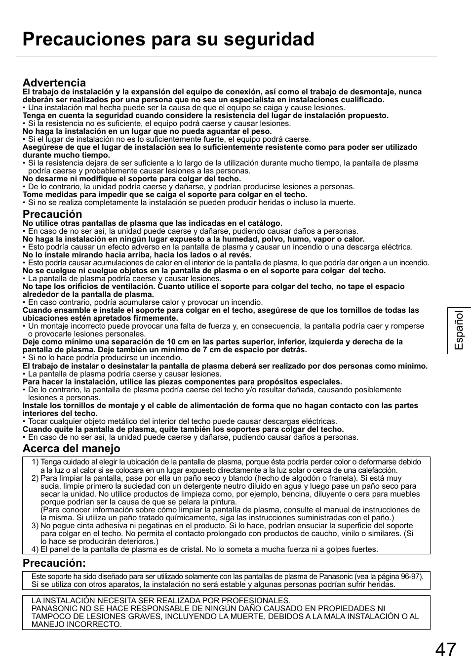 Precauciones para su seguridad, Español, Advertencia | Precaución, Acerca del manejo | Panasonic TYCE42PS20 User Manual | Page 47 / 98