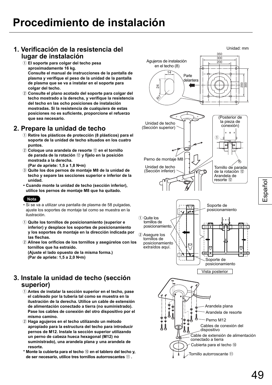 Procedimiento de instalación, Prepare la unidad de techo, Instale la unidad de techo (sección superior) | Español | Panasonic TYCE42PS20 User Manual | Page 49 / 98