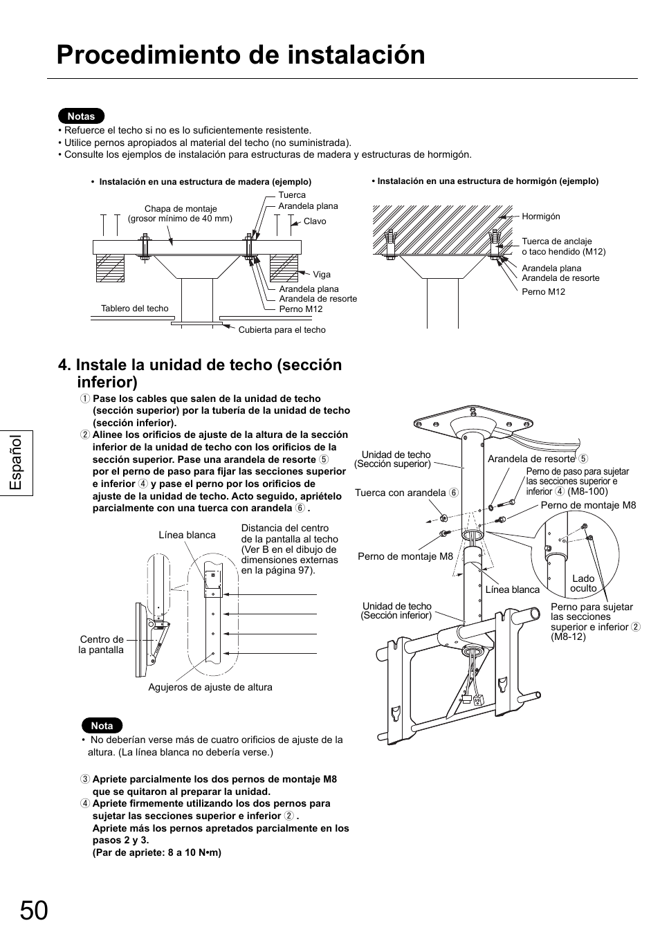 Procedimiento de instalación, Instale la unidad de techo (sección inferior), Español | Panasonic TYCE42PS20 User Manual | Page 50 / 98