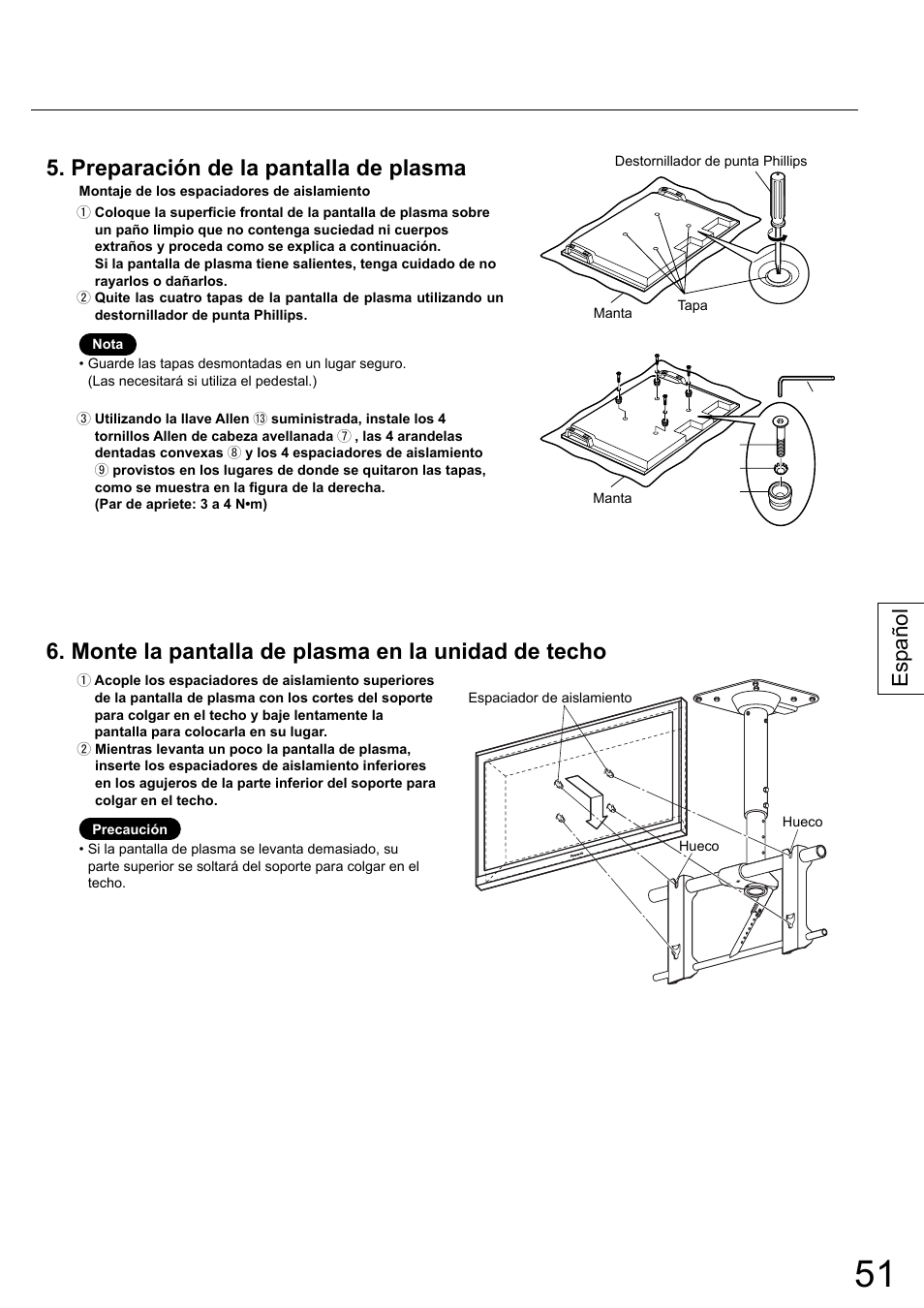 Preparación de la pantalla de plasma, Monte la pantalla de plasma en la unidad de techo, Español | Panasonic TYCE42PS20 User Manual | Page 51 / 98