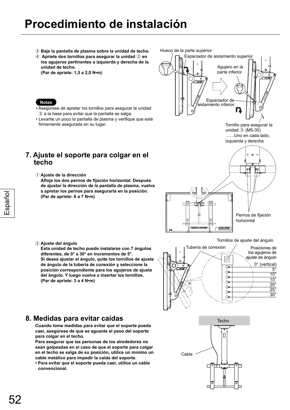 Procedimiento de instalación, Ajuste el soporte para colgar en el techo, Medidas para evitar caídas | Español | Panasonic TYCE42PS20 User Manual | Page 52 / 98