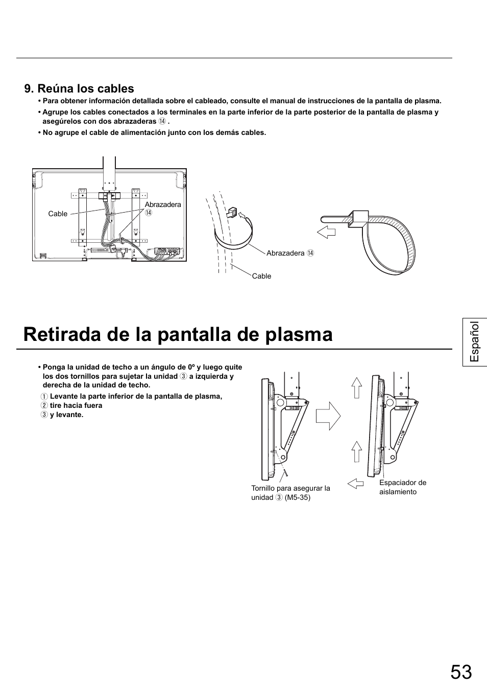 Retirada de la pantalla de plasma, Reúna los cables, Español | Panasonic TYCE42PS20 User Manual | Page 53 / 98