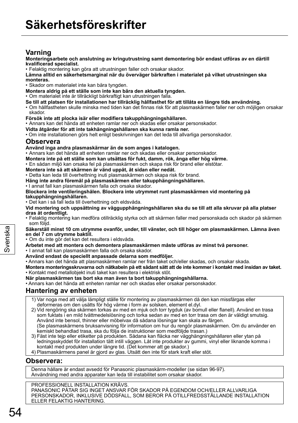 Säkerhetsföreskrifter, Svenska, Varning | Observera, Hantering av enheten | Panasonic TYCE42PS20 User Manual | Page 54 / 98