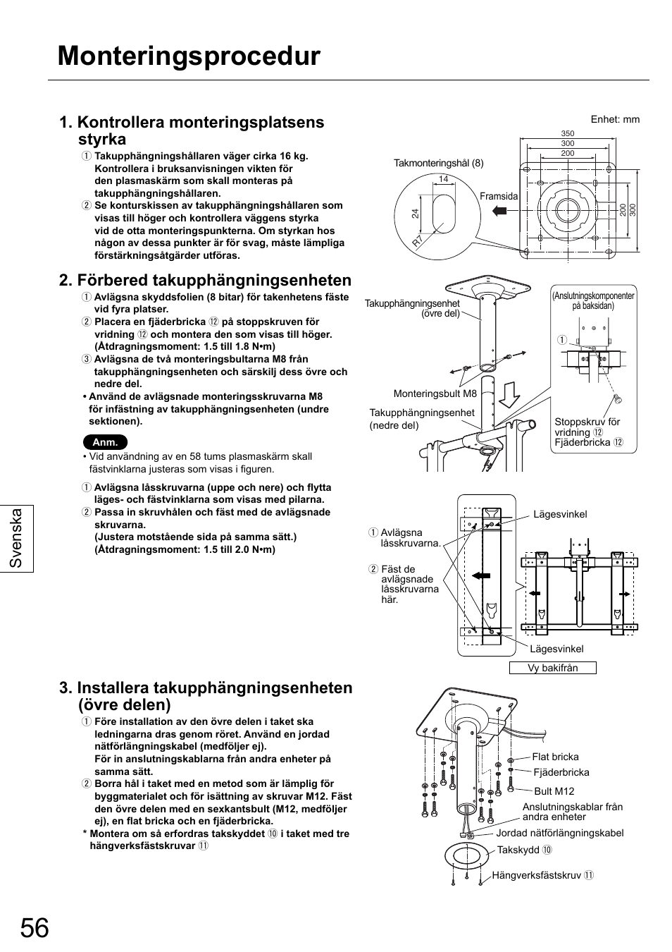 Monteringsprocedur, Kontrollera monteringsplatsens styrka, Förbered takupphängningsenheten | Installera takupphängningsenheten (övre delen), Svenska | Panasonic TYCE42PS20 User Manual | Page 56 / 98