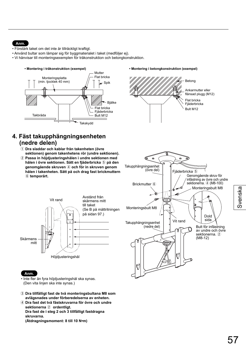 Fäst takupphängningsenheten (nedre delen), Svenska | Panasonic TYCE42PS20 User Manual | Page 57 / 98