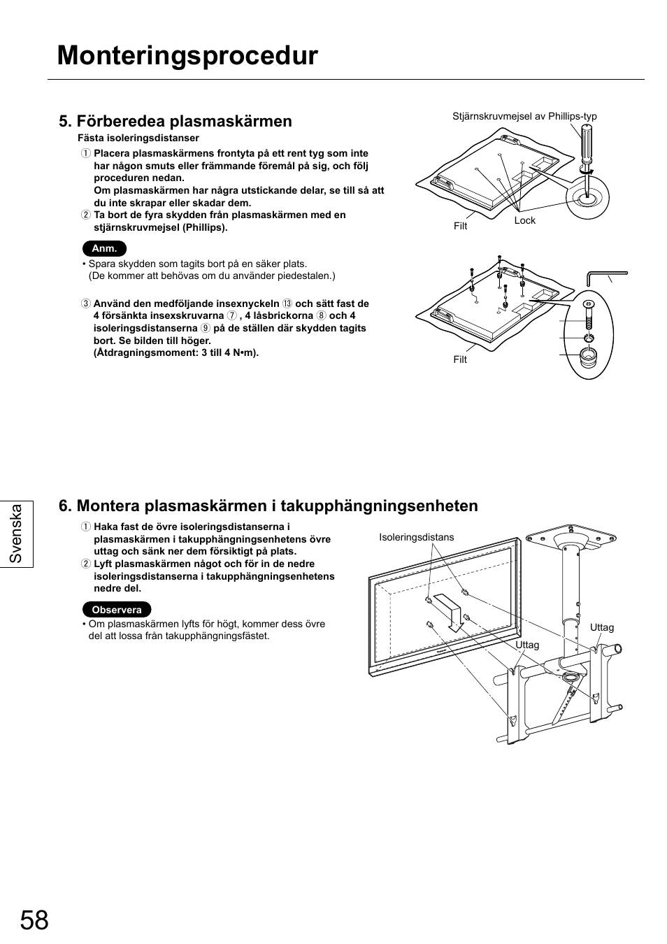 Monteringsprocedur, Förberedea plasmaskärmen, Montera plasmaskärmen i takupphängningsenheten | Svenska | Panasonic TYCE42PS20 User Manual | Page 58 / 98