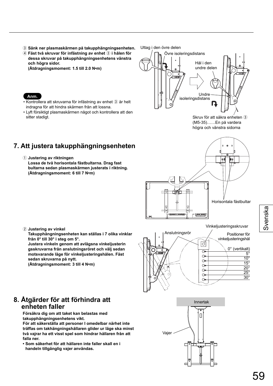 Att justera takupphängningsenheten, Åtgärder för att förhindra att enheten faller, Svenska | Panasonic TYCE42PS20 User Manual | Page 59 / 98