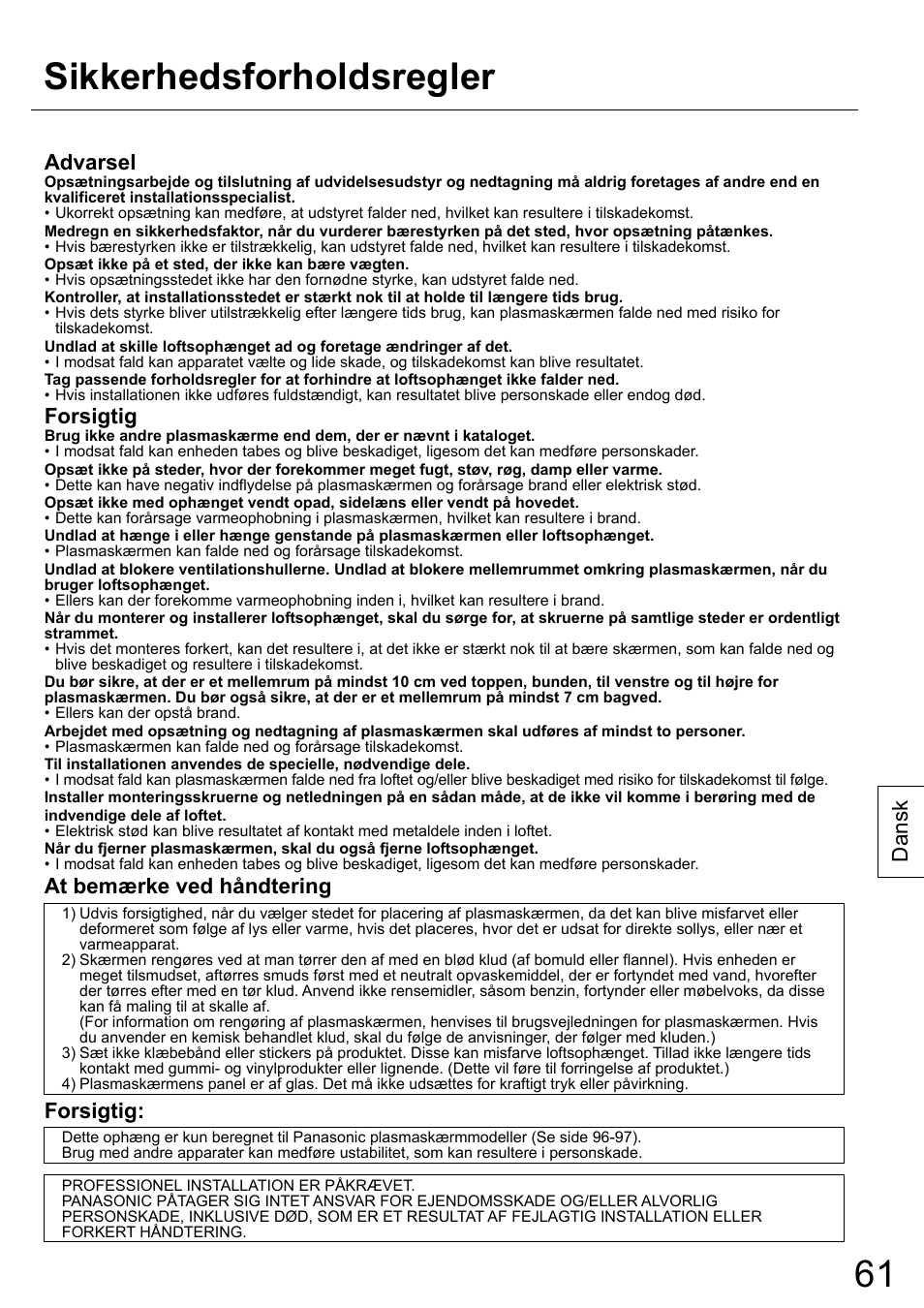Sikkerhedsforholdsregler, Dansk, Advarsel | Forsigtig, At bemærke ved håndtering | Panasonic TYCE42PS20 User Manual | Page 61 / 98