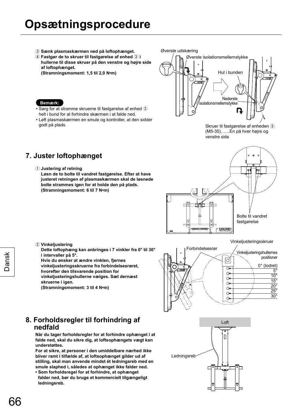 Opsætningsprocedure, Juster loftophænget, Forholdsregler til forhindring af nedfald | Dansk | Panasonic TYCE42PS20 User Manual | Page 66 / 98