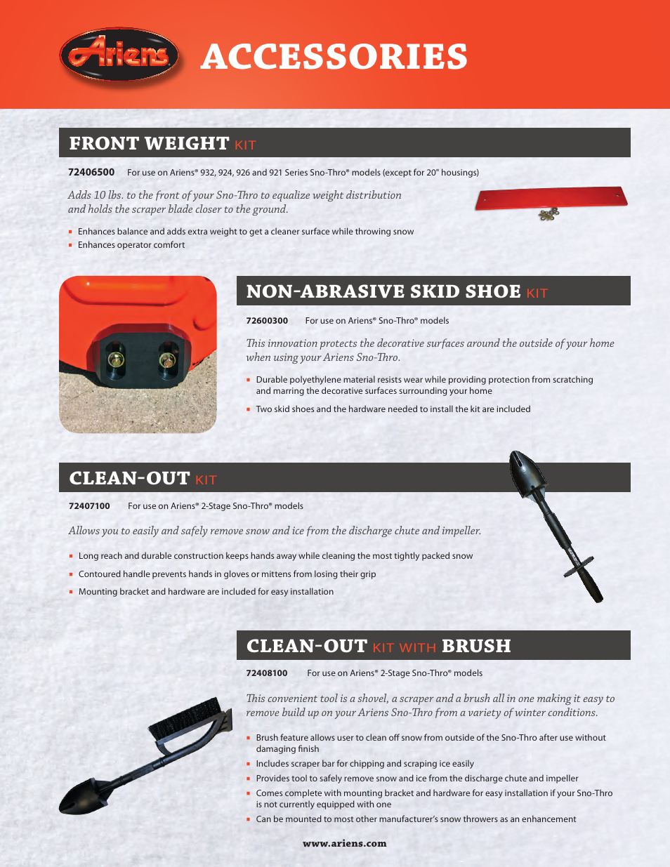 Accessories, Front weight, Clean-out | Non-abrasive skid shoe, Brush | Ariens 72406500 User Manual | Page 2 / 6