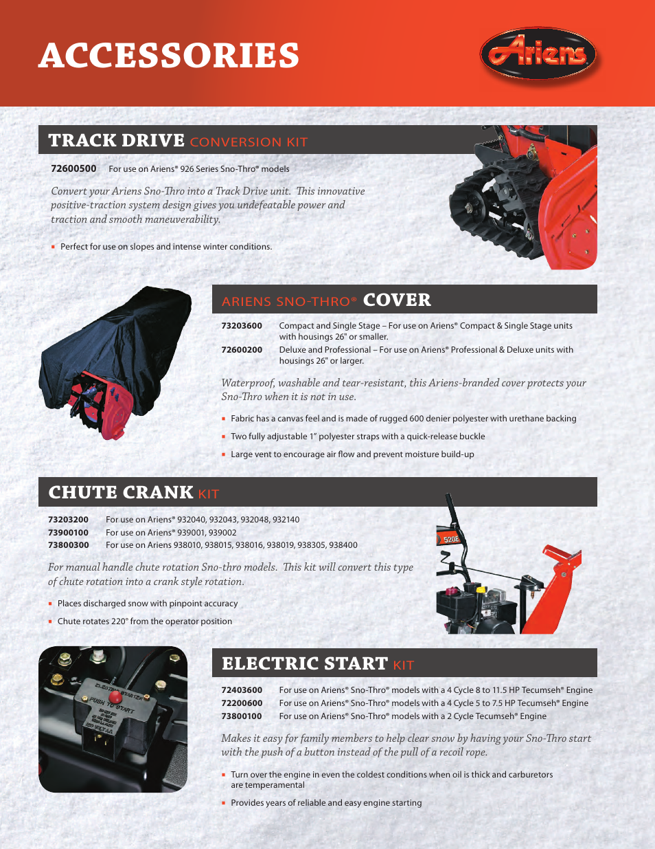 Accessories, Track drive, Chute crank | Cover electric start | Ariens 72406500 User Manual | Page 3 / 6