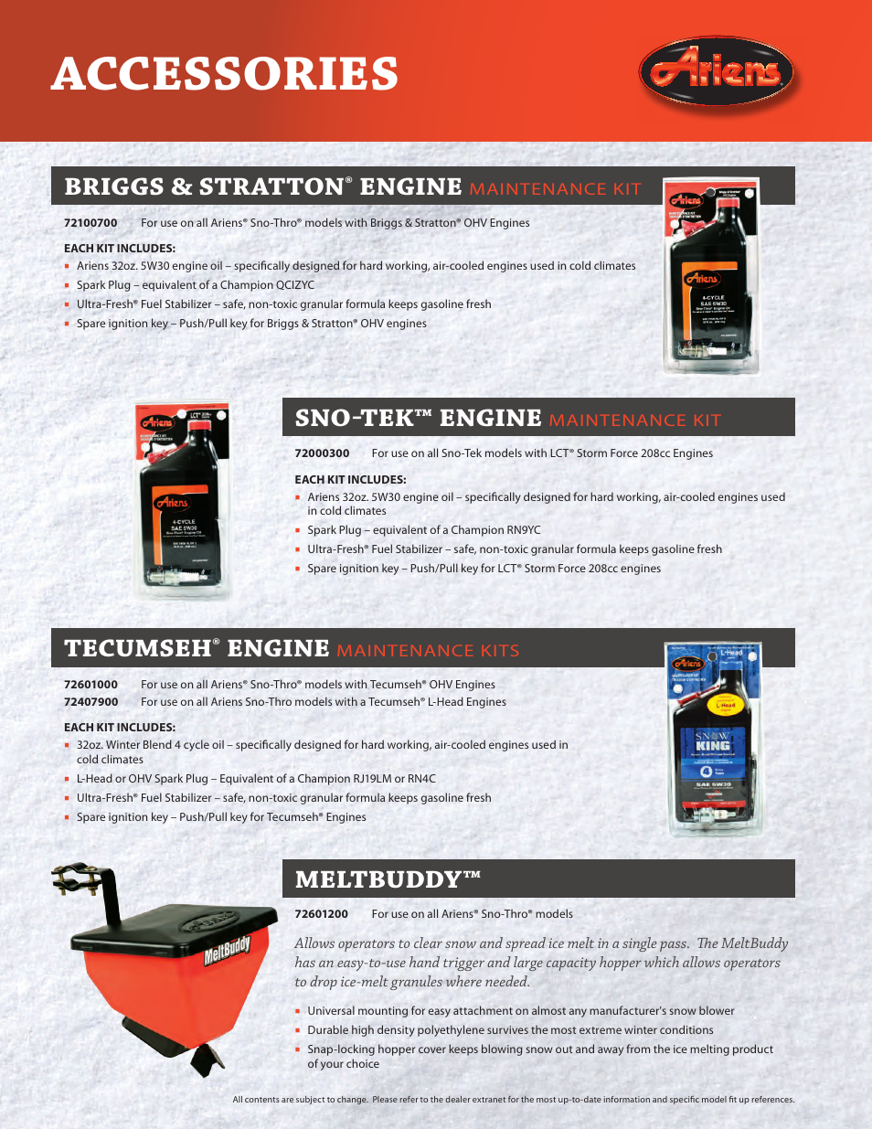 Accessories, Tecumseh, Engine | Briggs & stratton, Sno-tek™ engine, Meltbuddy | Ariens 72406500 User Manual | Page 5 / 6