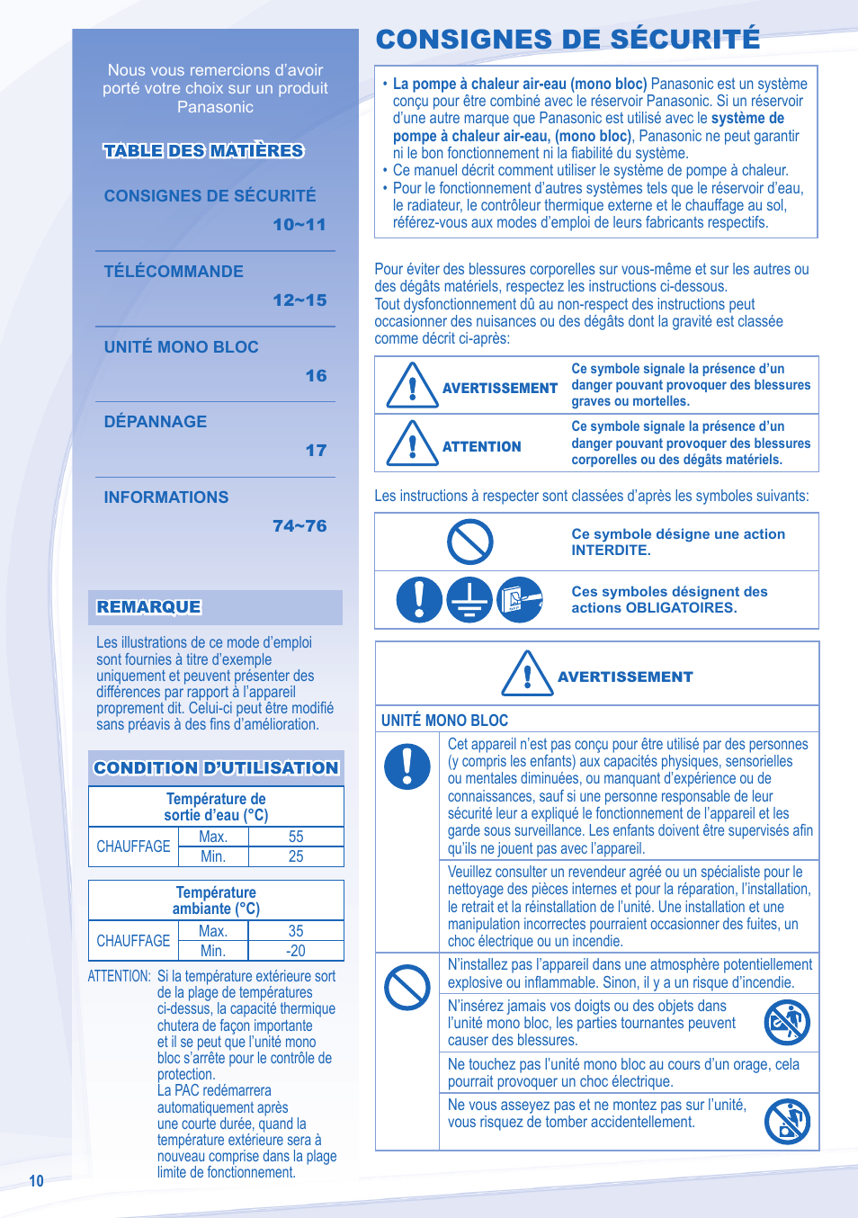 Consignes de sécurité | Panasonic WHMXF12D9E8 User Manual | Page 10 / 76