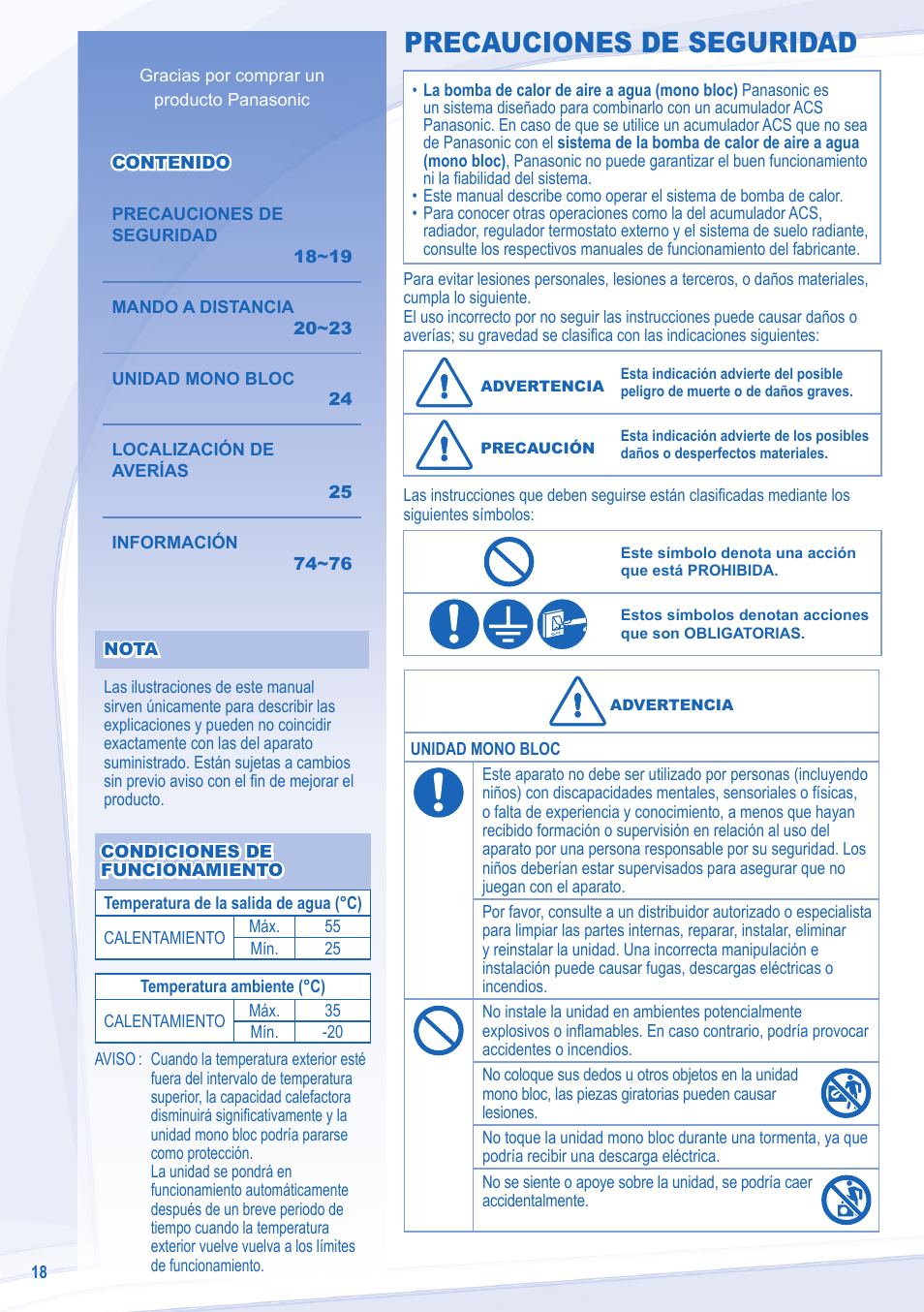 Precauciones de seguridad | Panasonic WHMXF12D9E8 User Manual | Page 18 / 76