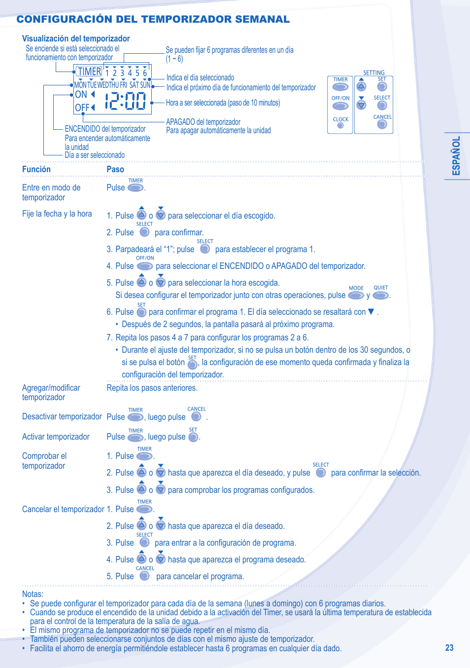 Esp añol, Configuración del temporizador semanal | Panasonic WHMXF12D9E8 User Manual | Page 23 / 76