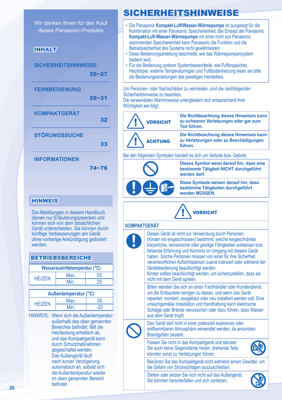 Sicherheitshinweise | Panasonic WHMXF12D9E8 User Manual | Page 26 / 76