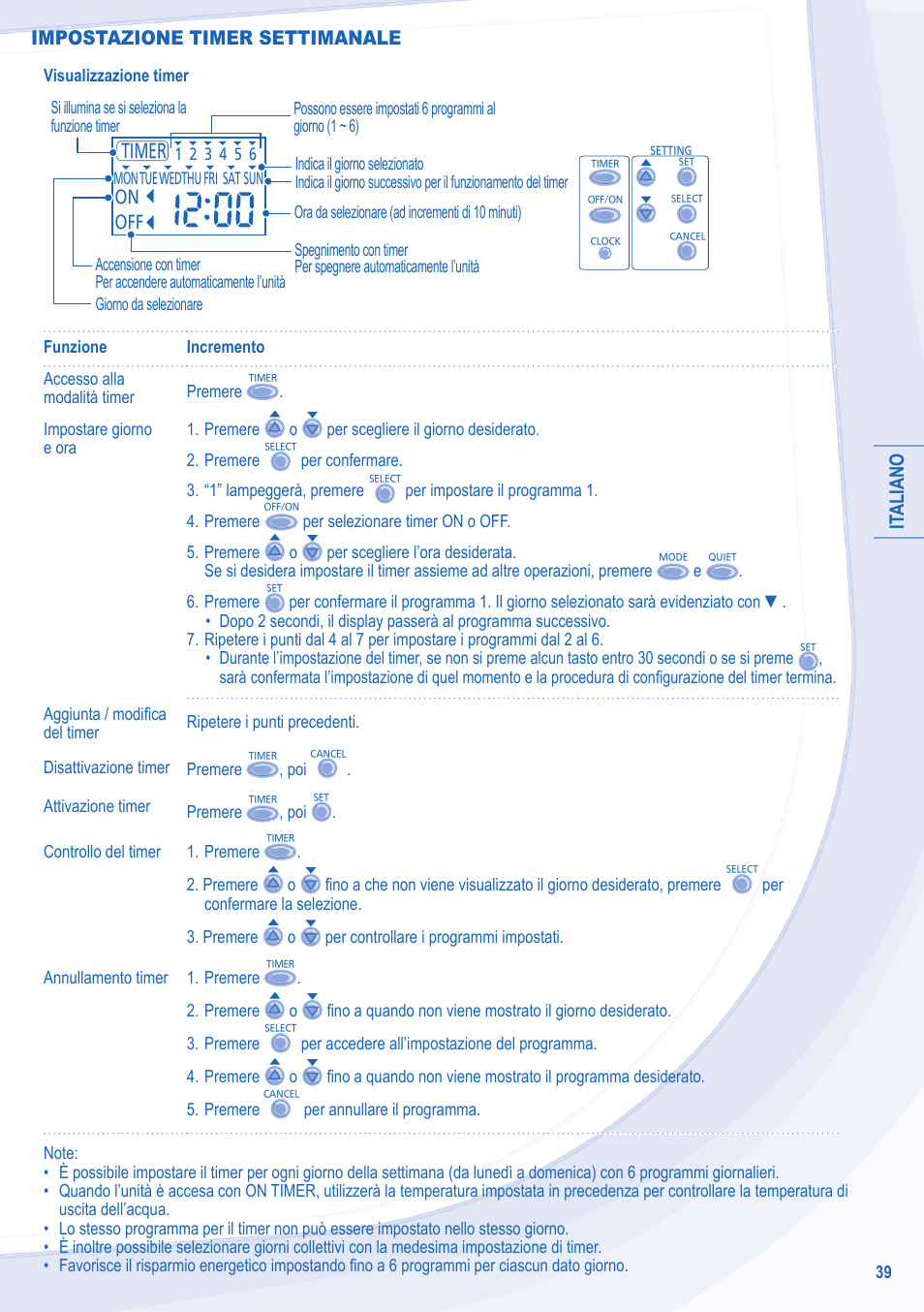 It aliano, Impostazione timer settimanale | Panasonic WHMXF12D9E8 User Manual | Page 39 / 76