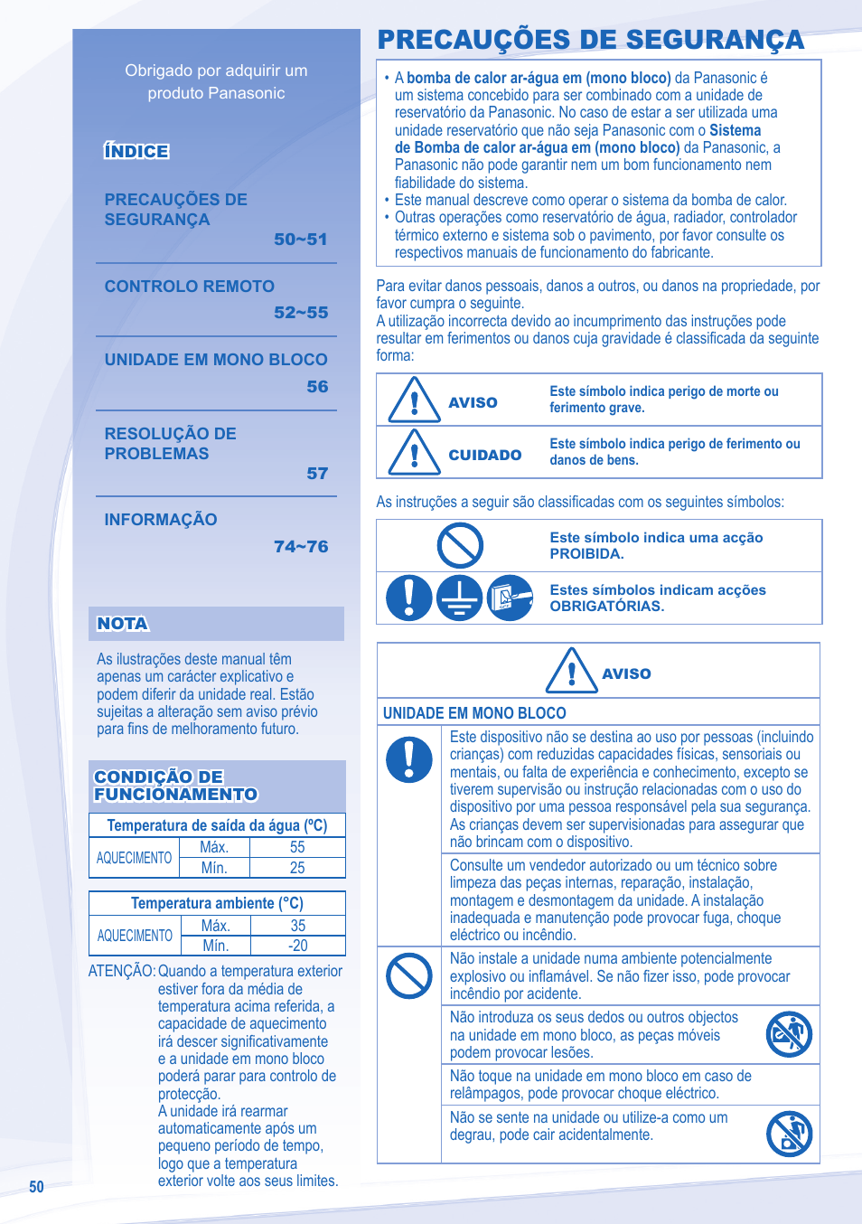 Precauções de segurança | Panasonic WHMXF12D9E8 User Manual | Page 50 / 76