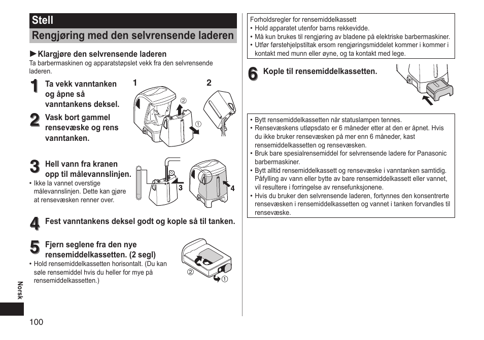 Stell rengjøring med den selvrensende laderen | Panasonic ESLT71 User Manual | Page 100 / 196