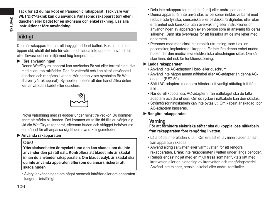 Viktigt | Panasonic ESLT71 User Manual | Page 106 / 196