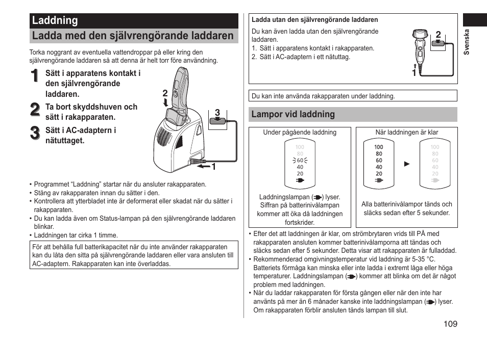 Laddning ladda med den självrengörande laddaren | Panasonic ESLT71 User Manual | Page 109 / 196