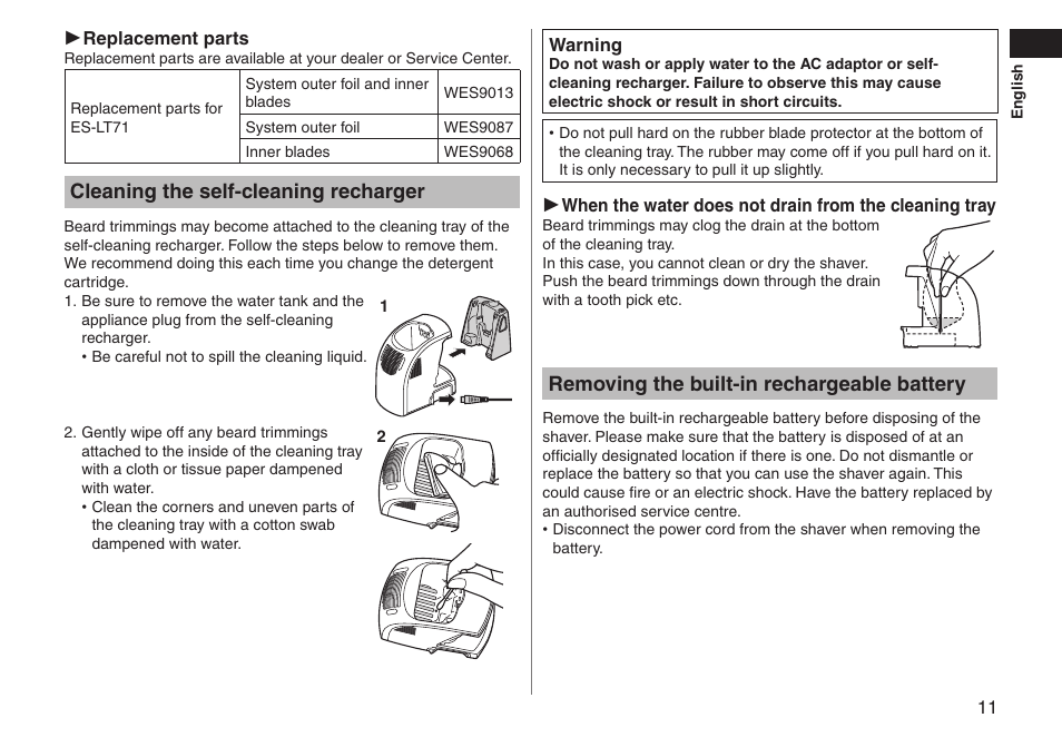 Cleaning the self-cleaning recharger, Removing the built-in rechargeable battery | Panasonic ESLT71 User Manual | Page 11 / 196