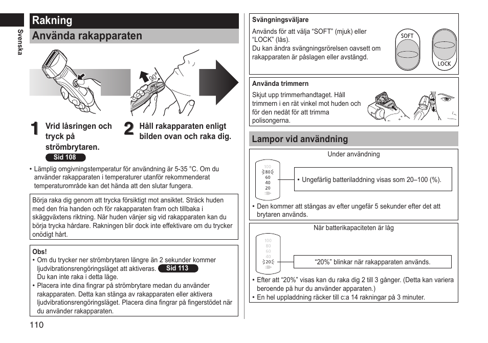 Rakning använda rakapparaten | Panasonic ESLT71 User Manual | Page 110 / 196