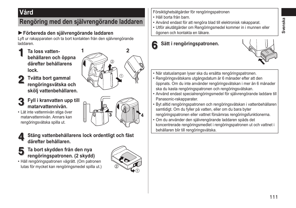 Vård rengöring med den självrengörande laddaren | Panasonic ESLT71 User Manual | Page 111 / 196