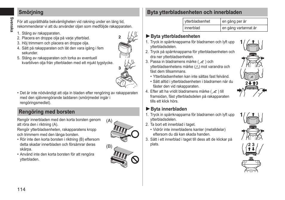 Smörjning, Rengöring med borsten, Byta ytterbladsenheten och innerbladen | Panasonic ESLT71 User Manual | Page 114 / 196