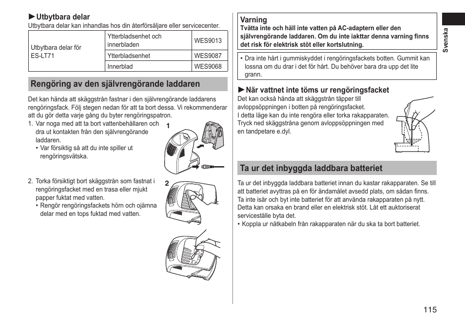 Rengöring av den självrengörande laddaren, Ta ur det inbyggda laddbara batteriet | Panasonic ESLT71 User Manual | Page 115 / 196