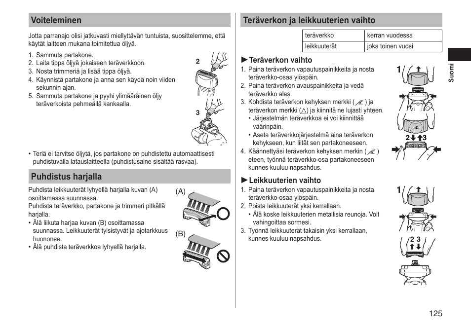 Voiteleminen, Puhdistus harjalla, Teräverkon ja leikkuuterien vaihto | Panasonic ESLT71 User Manual | Page 125 / 196