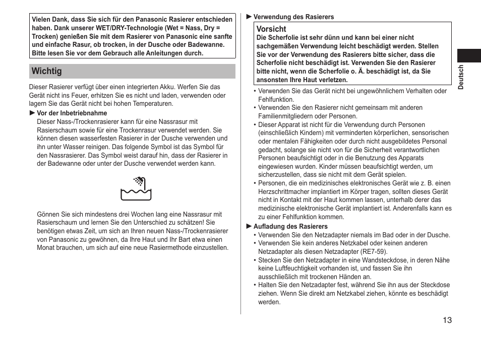 Wichtig | Panasonic ESLT71 User Manual | Page 13 / 196