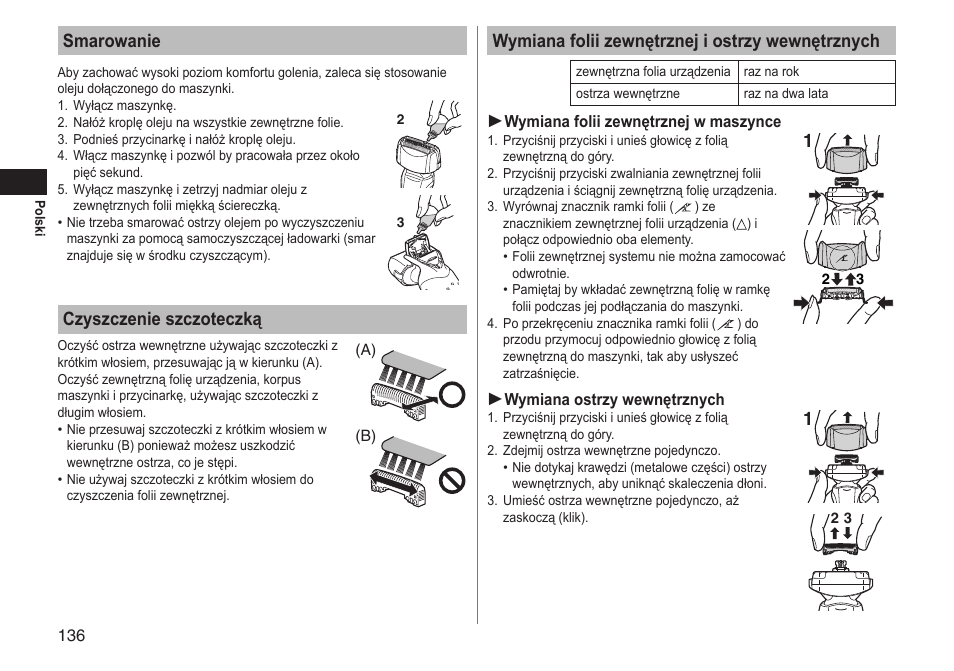 Smarowanie, Czyszczenie szczoteczką, Wymiana folii zewnętrznej i ostrzy wewnętrznych | Panasonic ESLT71 User Manual | Page 136 / 196