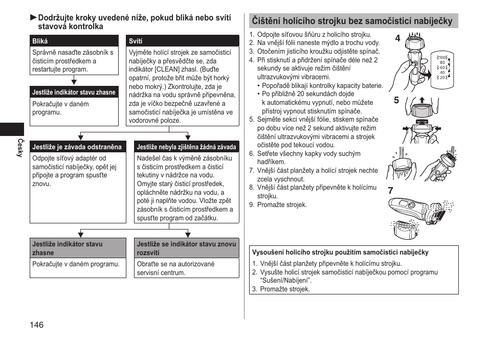 Čištění holícího strojku bez samočisticí nabíječky | Panasonic ESLT71 User Manual | Page 146 / 196