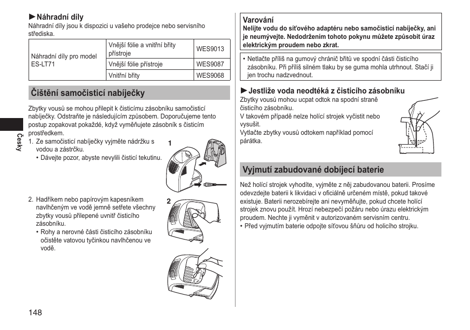 Čištění samočisticí nabíječky, Vyjmutí zabudované dobíjecí baterie | Panasonic ESLT71 User Manual | Page 148 / 196