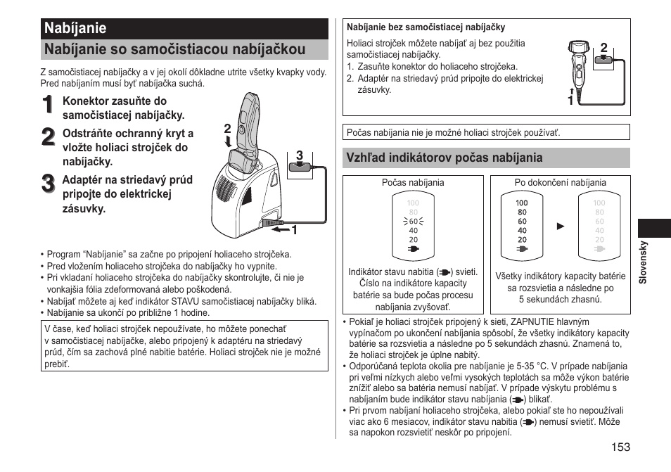 Nabíjanie nabíjanie so samočistiacou nabíjačkou | Panasonic ESLT71 User Manual | Page 153 / 196