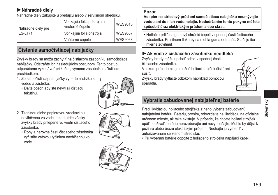 Čistenie samočistiacej nabíjačky, Vybratie zabudovanej nabíjateľnej batérie | Panasonic ESLT71 User Manual | Page 159 / 196