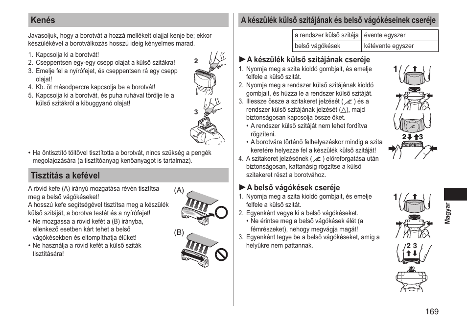 Kenés, Tisztítás a kefével | Panasonic ESLT71 User Manual | Page 169 / 196