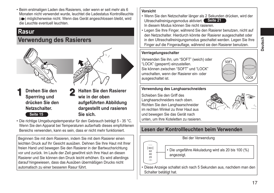 Rasur verwendung des rasierers | Panasonic ESLT71 User Manual | Page 17 / 196