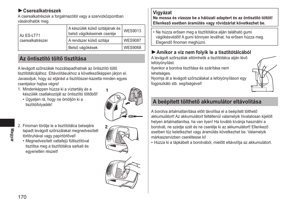 Az öntisztító töltő tisztítása, A beépített tölthető akkumulátor eltávolítása | Panasonic ESLT71 User Manual | Page 170 / 196