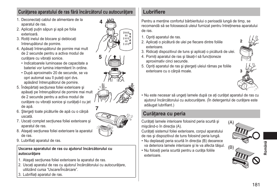 Lubrifiere, Curăţarea cu peria | Panasonic ESLT71 User Manual | Page 181 / 196